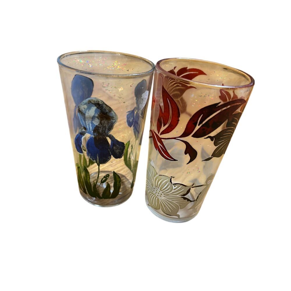 Set of 2 Vintage‎ "Peanut Butter Glass" 5" glasses Iris Poinsettia Painted Mint